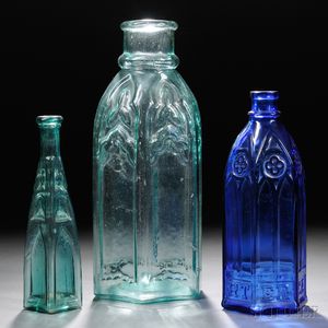 Three Molded Gothic Cathedral Colored Glass Bottles