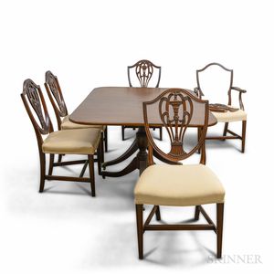 Federal-style Mahogany Double-pedestal Dining Table and Five Shield-back Chairs