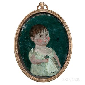 American School, Early 19th Century Miniature Portrait of a Little Girl with a Doll