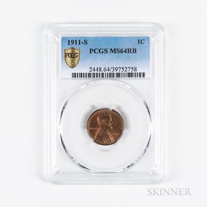1911-S Lincoln Cent, PCGS MS64RB. 