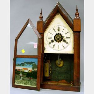 E.N. Welch Mahogany Veneer Steeple Shelf Clock with Reverse-painted Scenic Glass Tablet