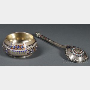 Russian Pan-Slavic Silver and Champleve Enamel Spoon and Salt Cellar