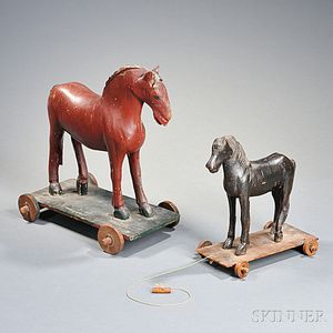 Two Carved and Painted Wood Horse Pull Toys
