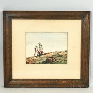 Framed Watercolor on Paper Landscape with a Lighthouse