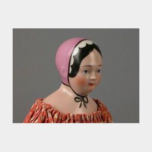 Pink-Tinted China Head Doll with Molded Pink-Lavender Bonnet