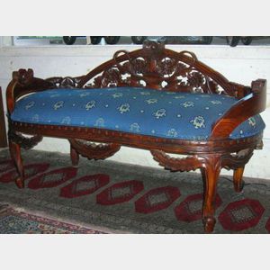 Asian Art Nouveau Style Carved Hardwood and Upholstered Bench