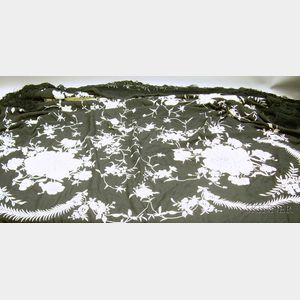 White on Black Silk Embroidered Fringed Piano Shawl