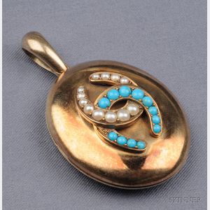 Antique 15kt Gold, Turquoise, and Pearl Locket