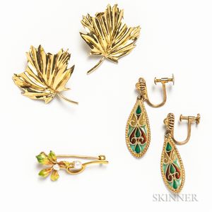 Pair of 14kt Gold Leaf Earrings, a 14kt Gold Art Nouveau Enameled Flower Brooch, and a Pair of Plique-a-jour Earrings