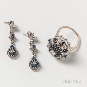 14kt White Gold, Sapphire, and Diamond Cluster Ring and a Similar Pair of Earrings