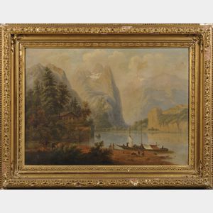 H. Baumgartner (Continental, 19th Century) Mountain Lake with Cabin and Sailing Vessels