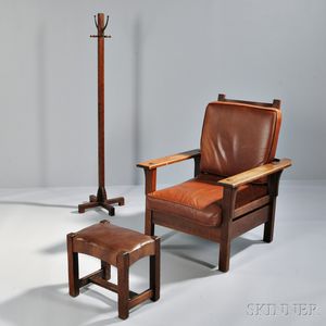 Oak Arts and Crafts Morris Chair, Ottoman, and Coat Rack