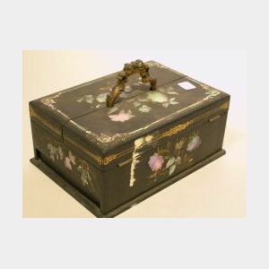 Mother-of-Pearl Inlaid Lacquer Papier Mache Inkstand Box.