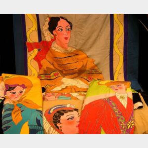 Set of Five Parisian Artcraft Stylized Polychrome Period Female Figural Decorated Cloth Panels