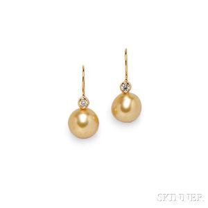 18kt Gold, Golden Cultured Pearl, and Diamond Earrings