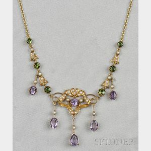 Art Nouveau 14kt Gold, Amethyst, Peridot, and Seed Pearl Necklace
