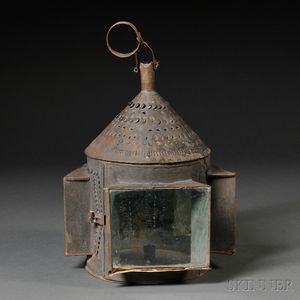 Pierced Tin and Glass Candle Lantern