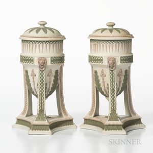 Pair of Wedgwood Tricolor Jasper Urns and Covers