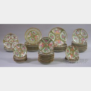 Fifty-three Chinese Export Porcelain Rose Medallion Pattern Plates and Saucers