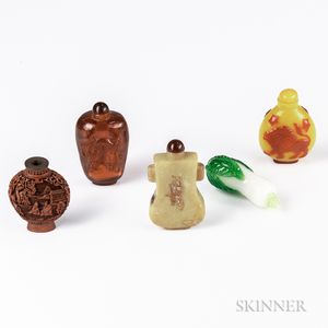 Five Chinese Stone, Cinnabar, and Glass Snuff Bottles. 