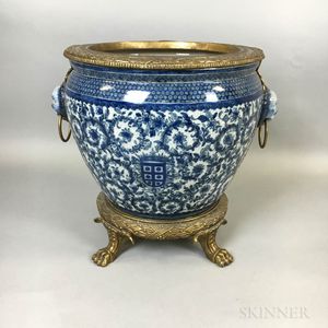 Continental Export-style Brass-mounted Blue and White Ceramic Jardiniere