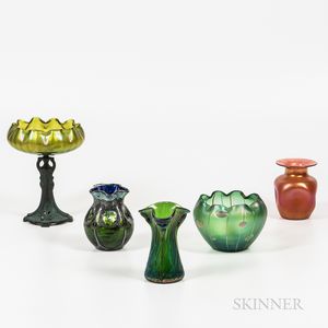 Five Continental Iridescent Art Glass Vessels