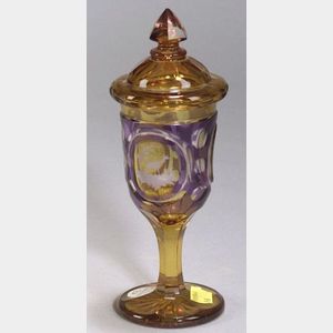 Bohemian Amber Flashed and Amethyst Cased Cut to Clear and Etched Glass Covered Cup