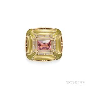 Arts & Crafts 18kt Gold, Plique-a-Jour Enamel, and Pink Tourmaline Brooch, Tiffany & Co.