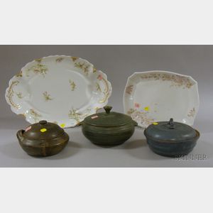 Two Transfer Decorated Porcelain Platters and Three Glazed Art Pottery Covered Bowls