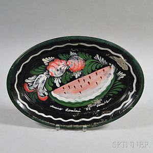 Peter Hunt (American, 1896-1967) Oval Metal Tray with Painted Floral Motif and Watermelon
