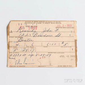 Kennedy, John F. (1917-1963) Application for Driver's License, Signed 2 July 1959.