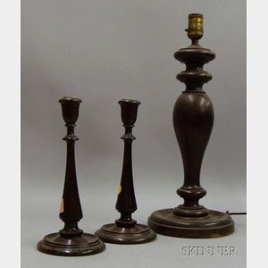 Pair of Turned Mahogany Candlesticks and a Turned Cherry Table Lamp Base.