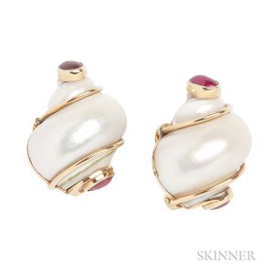 14kt Gold, Turbo Shell, and Ruby Earclips, Seaman Schepps