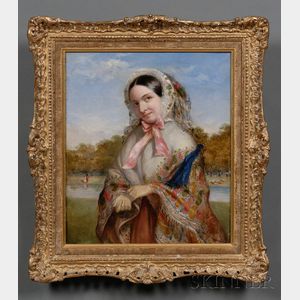 William Powell Frith (British, 1819-1909) Fashionable Woman in a Paisley Shawl in a Riverscape.