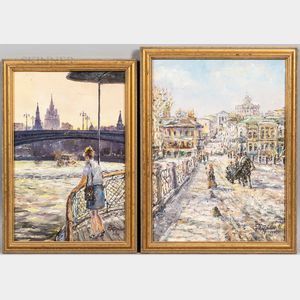 Sergey Teterin (Ukrainian, b. 1946) Two Framed Paintings: Walking along the Moscow River, Early Summer Evening
