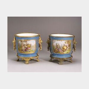 Pair of Gilt Metal Mounted Sevres-style Porcelain Cache Pots