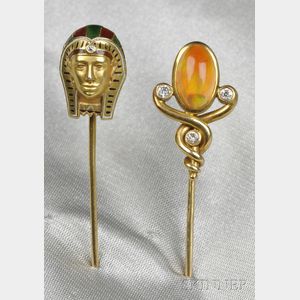 Two Antique 14kt Gold and Gem-set Stickpins