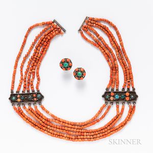 Chinese Multi-strand Coral and Turquoise Beaded Necklace and Matching Earrings