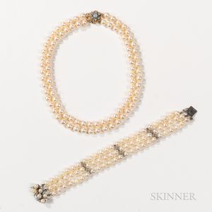 Gold and Cultured Pearl Necklace and Bracelet