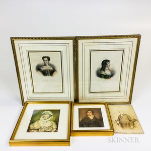 Two Framed French Lithographs, Two Watercolor Portraits, and a Carte-de-visite