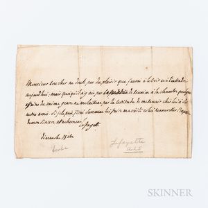 du Motier, Gilbert, Marquis de Lafayette (1757-1838) Autograph Note Signed.