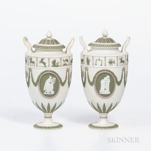 Pair of Wedgwood Tricolor Jasper Zodiac Vases and Covers