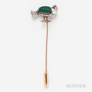 Carved Green Hardstone, Diamond, and Ruby Pheasant Stickpin