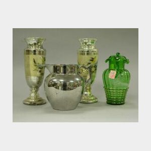Silver Lustreware Pitcher, Victorian Enameled Green Glass Ptcher and a Pair of Mercury Glass Vases.