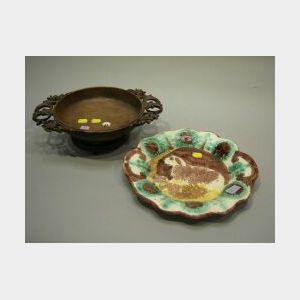 Majolica Serving Plate and a Musical Carved Wood Fruit Bowl.