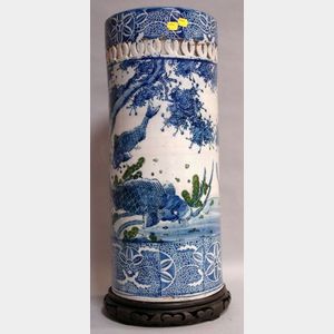 Japanese Blue and White Transfer Decorated Reticulated Porcelain Umbrella Stand.
