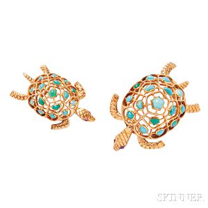 Two 18kt Gold and Turquoise Brooches