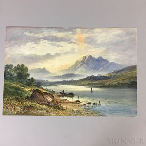 British School, 19th Century Mountain Landscape with Boats