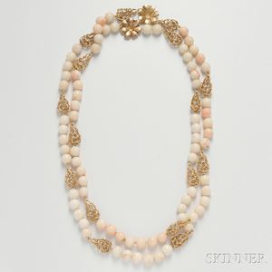 Two 14kt Gold and Angelskin Coral Necklaces