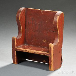 Miniature Red-painted Pine Settle Bench